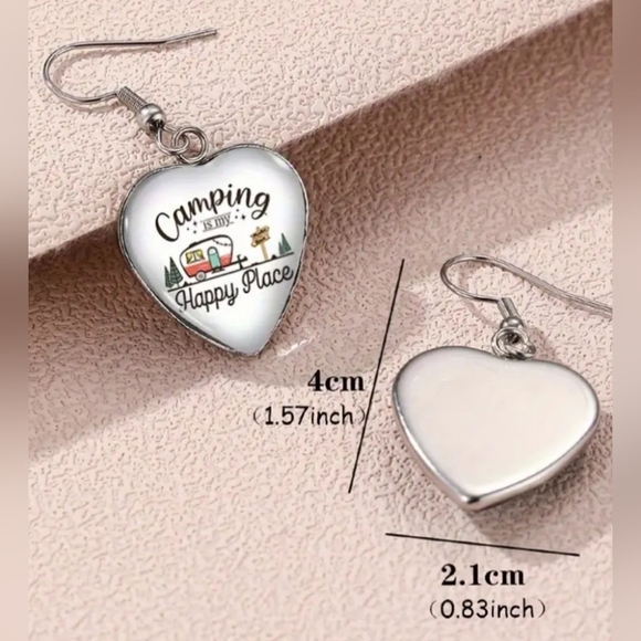 Heart-Shaped Outdoors Camping Silver Crystal Glass Earrings (#0296) - Picture 2 of 5